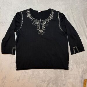 Quacker Factory Black Beaded Faux Pearl Embellished Split Neck Knit Top XL vntg